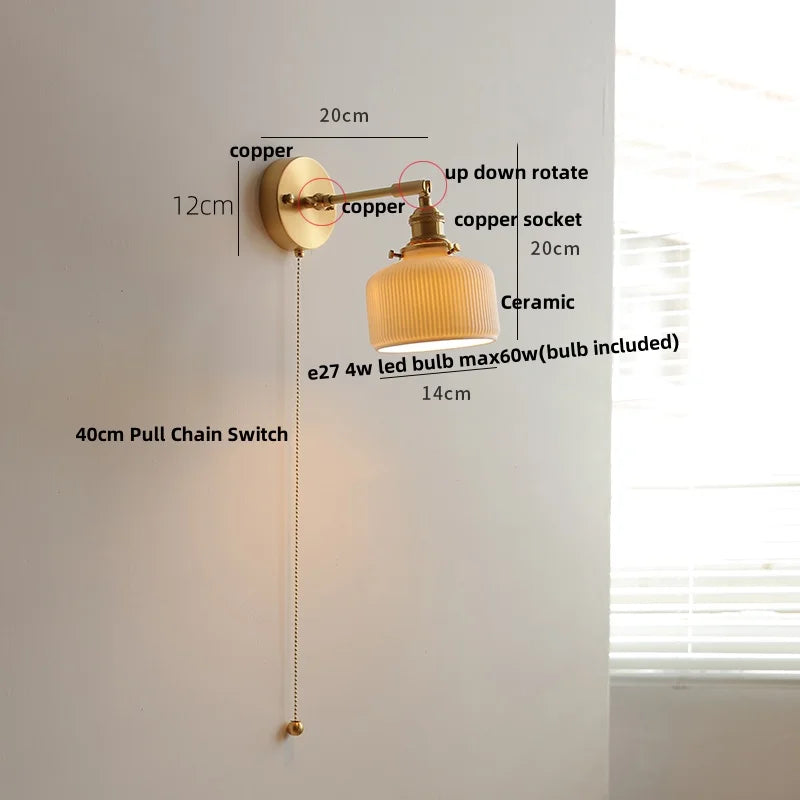 Afralia™ Green Loft LED Wall Light: Vintage Bedside Lamp, Up Down Rotate Glass, Pull Chain Switch