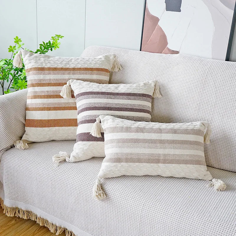 Afralia™ Ivory Brown Coffee Black Stripe Pillow Case with Tassels 45x45cm 30x50cm 50x50cm