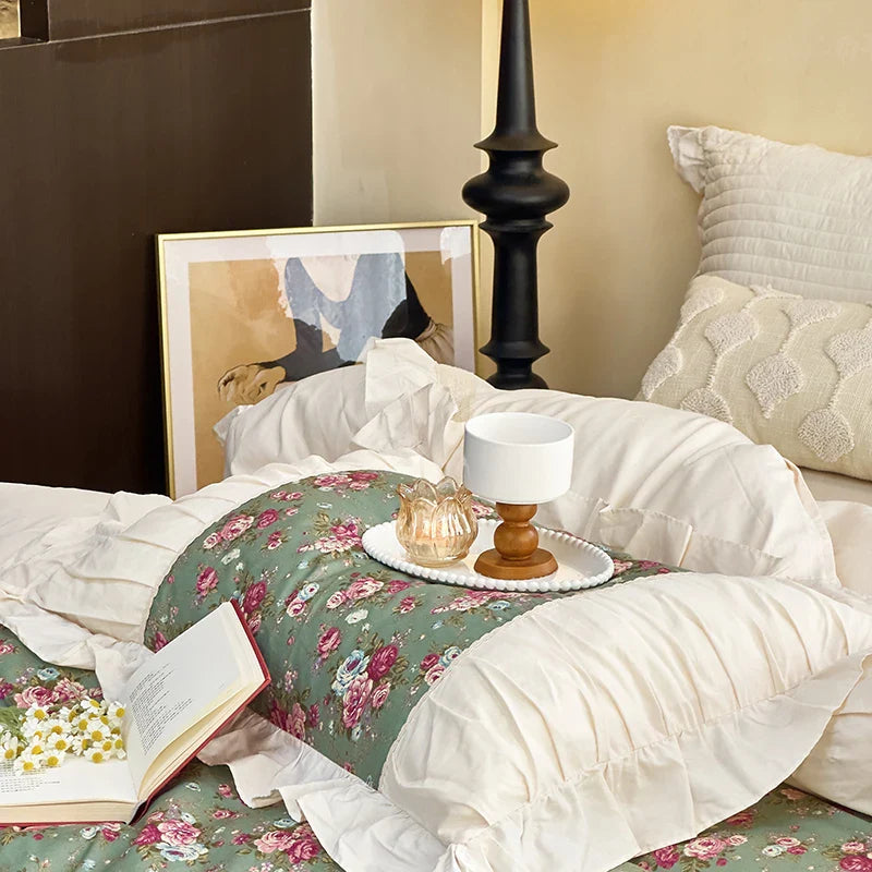 Afralia™ French Flowers Lace Ruffles Cotton Bedding Set with Duvet Cover, Bed Skirt, and Pillowcases