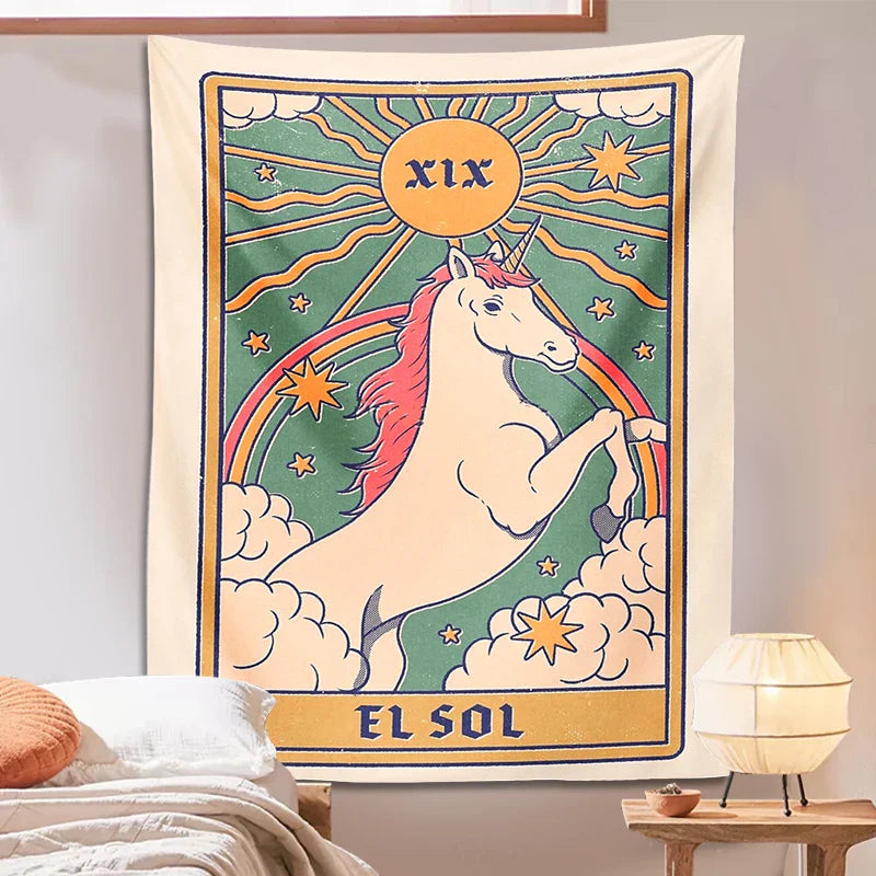 Unicorn Tarot Tapestry by Afralia™: Rainbow Bohemian Wall Decor for Home and Dorm Room