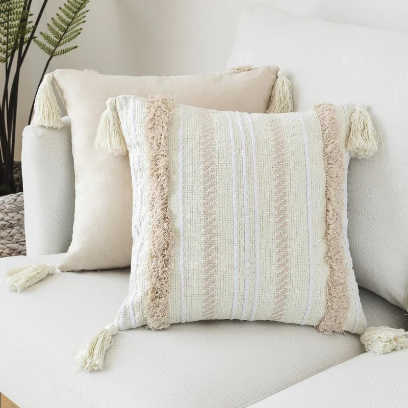 Ivory Tassel Cushion Cover Moroccan Style Tuft 45x45cm Afralia™