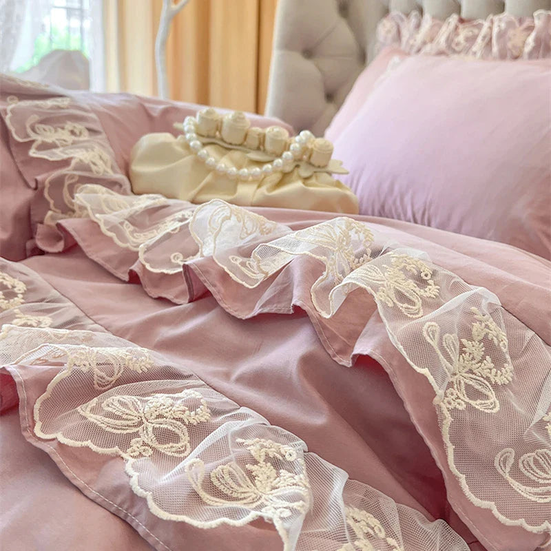 Afralia™ Korean Princess Lace Ruffles Bedding Set in Bean Paste Pink