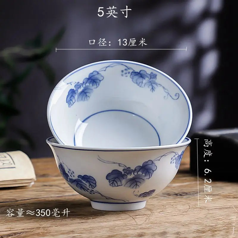 Afralia™ Chinese Blue and White Porcelain Vegetable Plates and Rice Soup Bowls - Set of 2