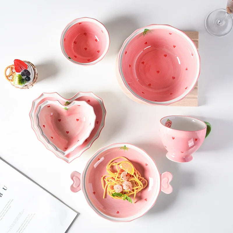 Afralia™ Strawberry Love Ceramic Tableware Set: Hand-Painted Pink Rice Soup Bowl & Plate