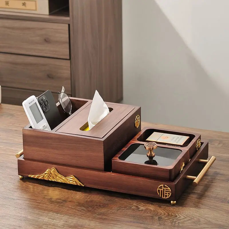 Afralia™ Walnut Luxury Table Decor Tray with Storage Compartment