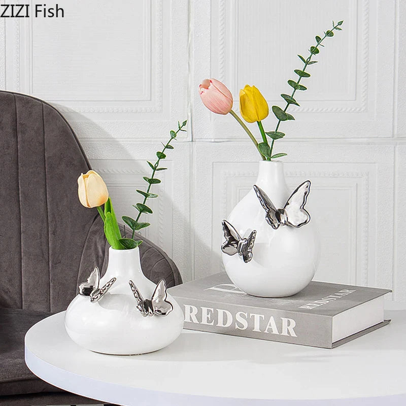 Afralia™ Silver Butterfly Ceramic Vase for Desk Decoration and Floral Arrangement