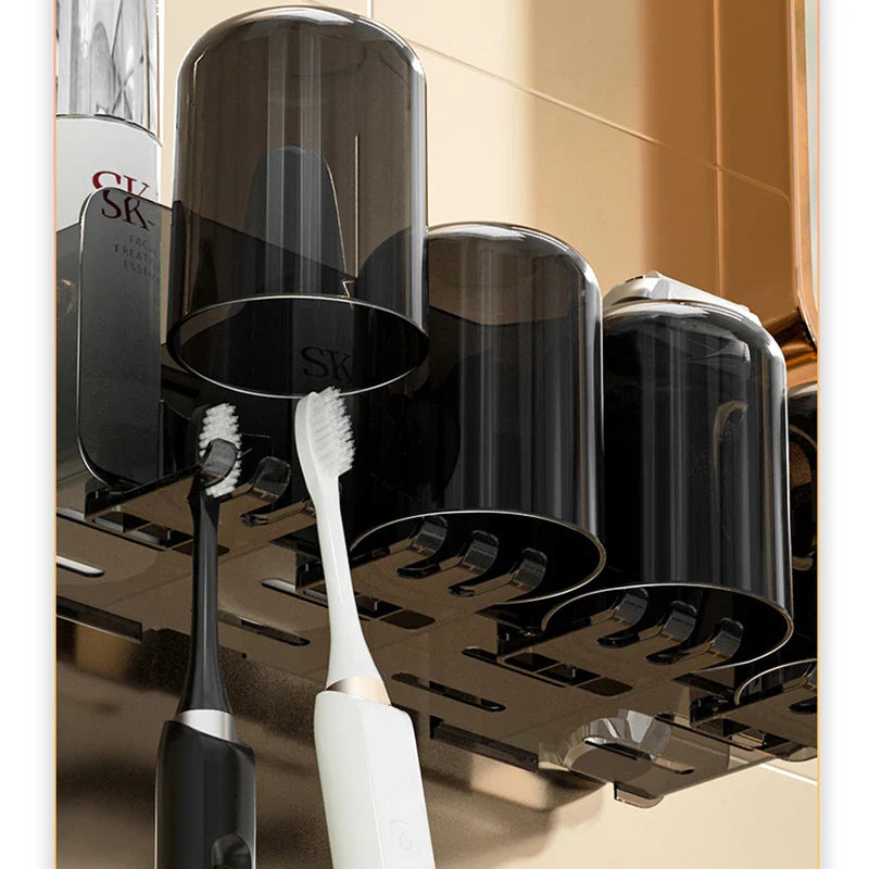 Afralia™ Inverted Toothbrush Holder with Automatic Toothpaste Squeezer & Makeup Storage Rack