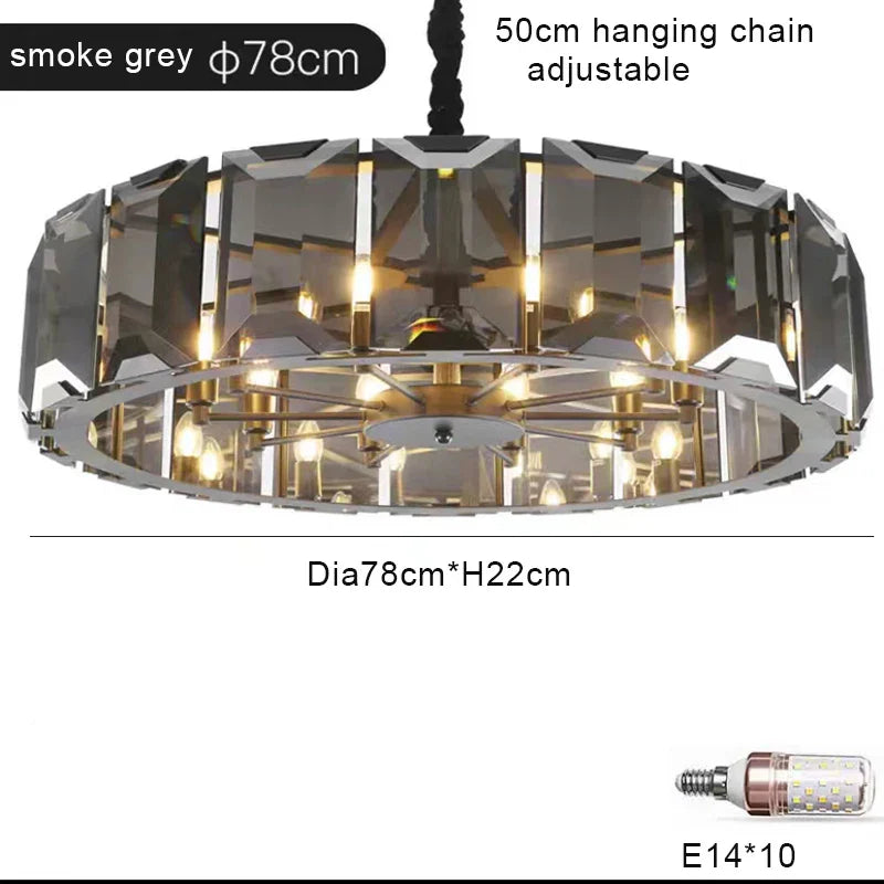 Afralia™ Smoke Grey LED Pendant Light for Living Room - Amber Crystal Lustre Chandelier