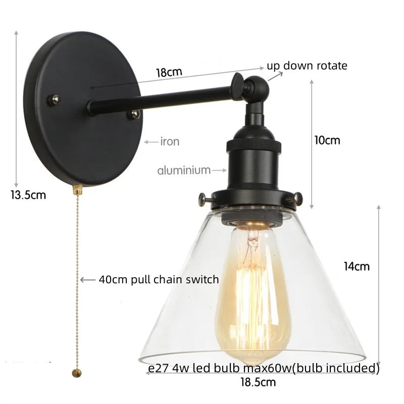 Afralia™ Loft LED Wall Lamp Vintage Pull Chain Switch Iron Bathroom Light