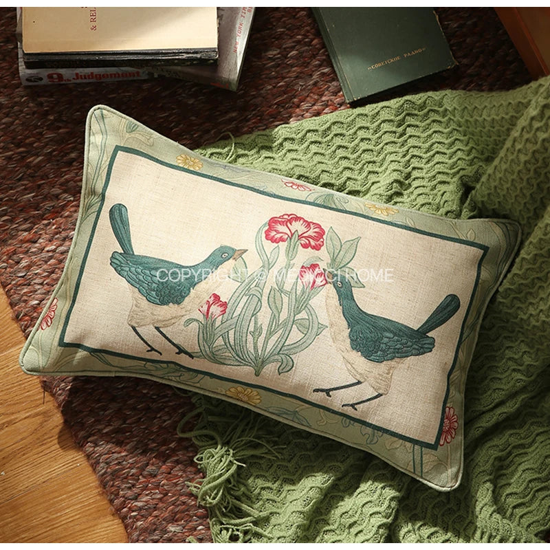 Afralia™ French Linen Flax Lumbar Pillow Cover Flower Birds Print, Fairy Green