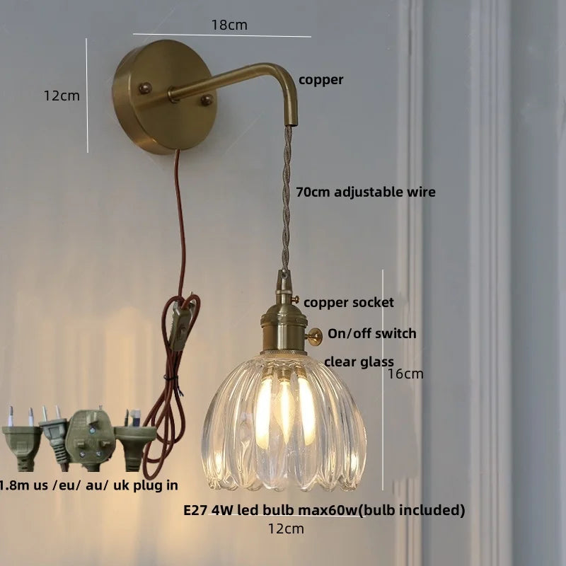 Afralia™ Glass & Copper Green Flower LED Wall Sconce with Pull Chain