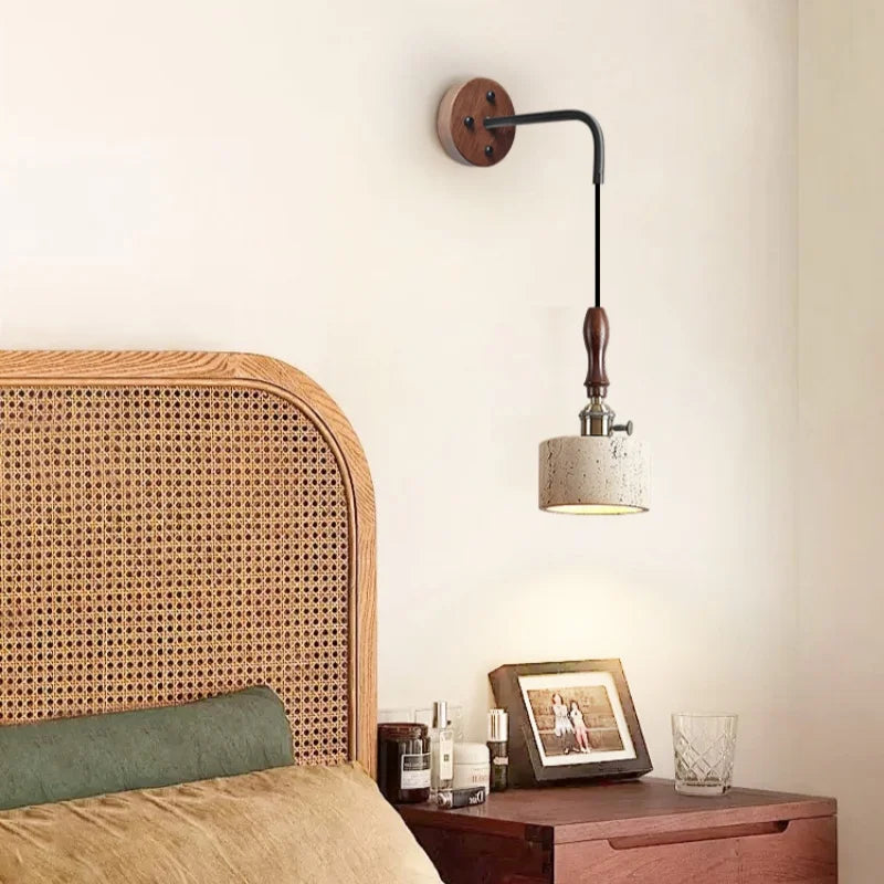 Afralia™ Copper Wood LED Wall Sconce Yellow Travertine Stone Bedside Light