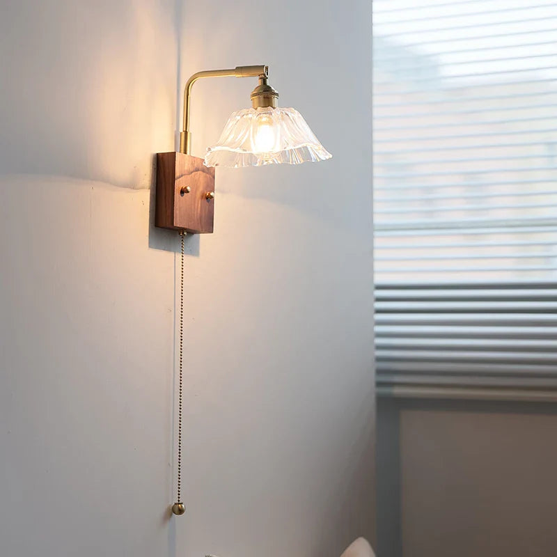 Afralia™ Walnut Glass LED Wall Light: Modern Brass Rotatable Bedside Lamp