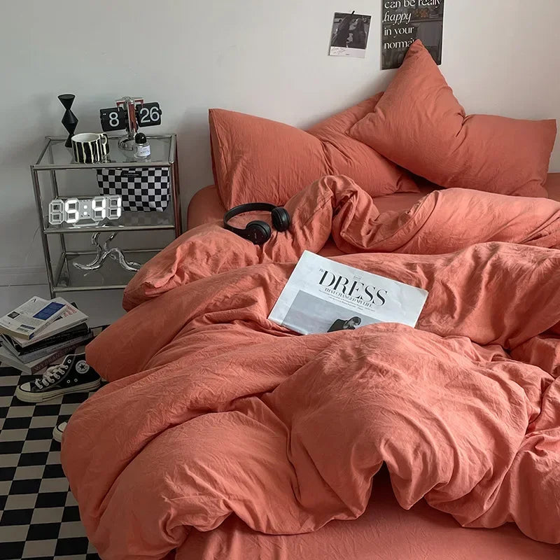 Afralia™ Solid Sleep Naked Cotton Bedding Set 4Pcs, Super Soft Mix Colored Comfort Bed Liner