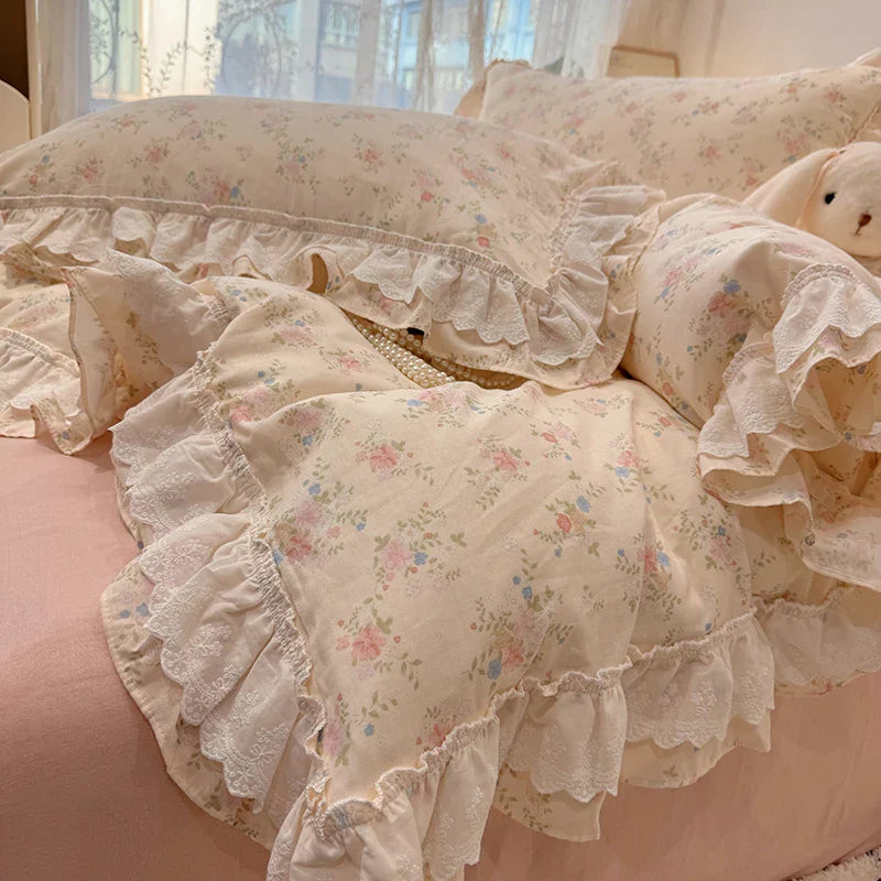 Afralia™ Floral Lace Ruffles Bedding Set in 100% Cotton, Korean Style, Single/Queen/King Size