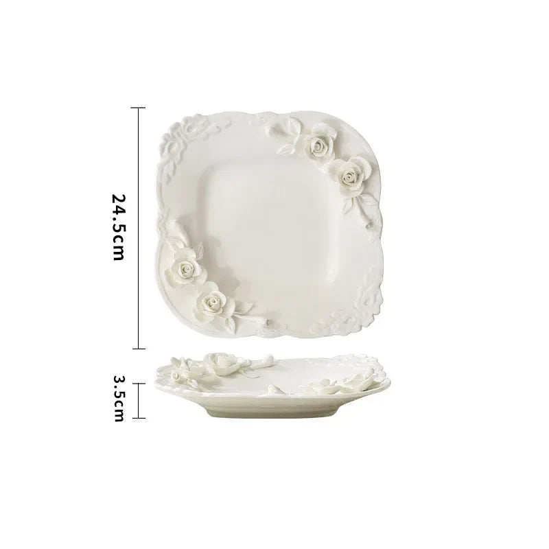 Afralia™ Flower Relief Ceramic Plate Western Dinner Plates Kitchen Cutlery