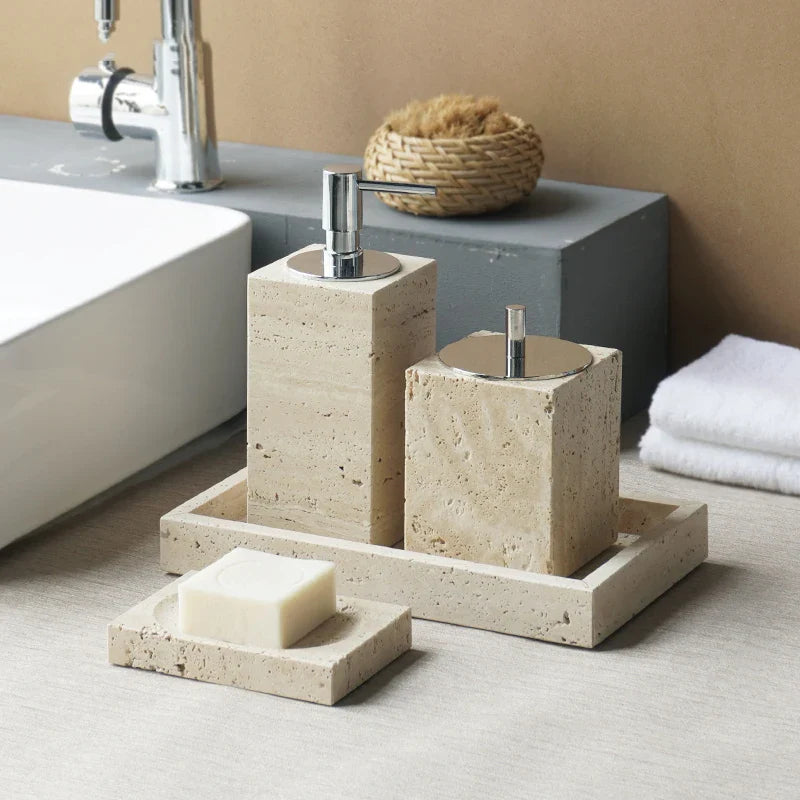 Afralia™ Beige Travertine Marble Bathroom Accessories Set - Soap Dispenser, Soap Dish, Reed Diffuser