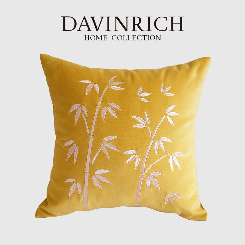 Afralia™ Bamboo Embroidery Yellow Patchwork Art Throw Pillow Cover 45x45cm