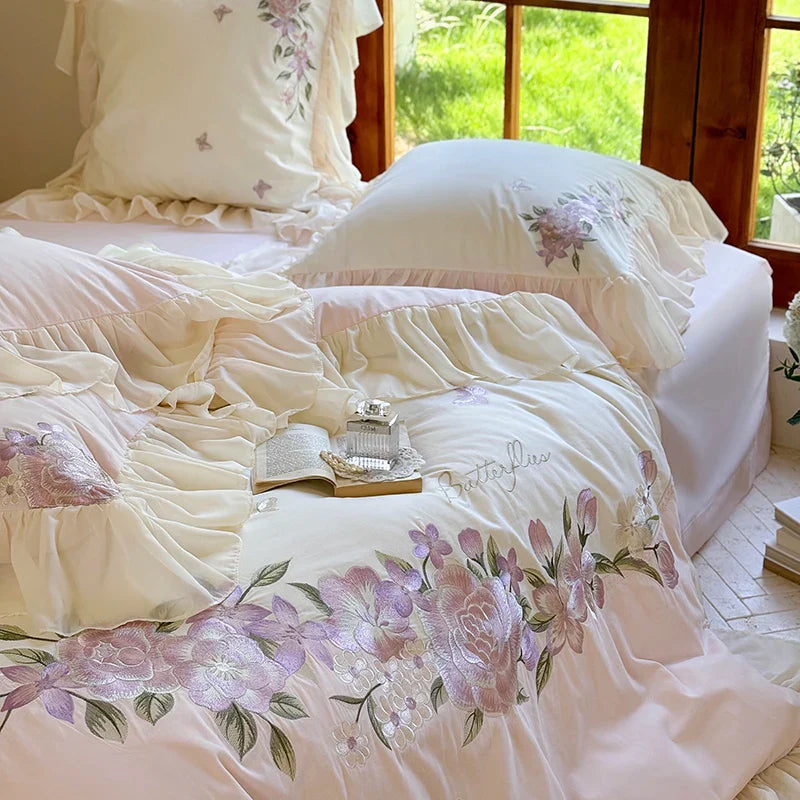 Afralia™ Flowers Lace Ruffles Wedding Bedding Set 1000TC Egyptian Cotton Duvet Cover Set