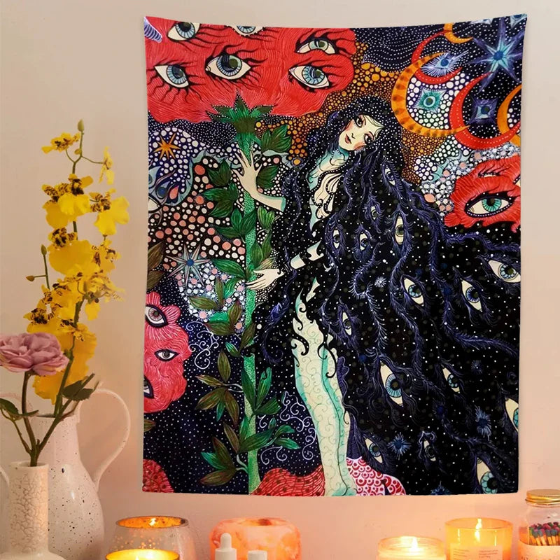 Afralia™ Psychedelic Celestial Floral Wall Hanging Tapestry for Dorm Decor