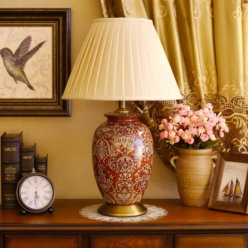 Afralia™ Chinese Style Vintage Red Ceramic Table Lamp for Bedroom Living Room
