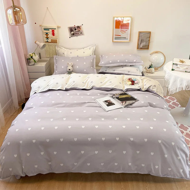 Afralia™ Heart Print Solid Color Bedding Set: Duvet Cover, Sheet, Pillowcases for Single Double Bed