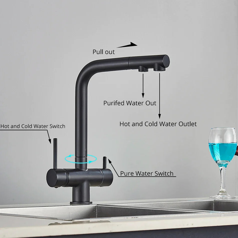 Afralia™ Waterfilter Kitchen Faucet Mixer Tap with Dual Handles and Pull Out Spout