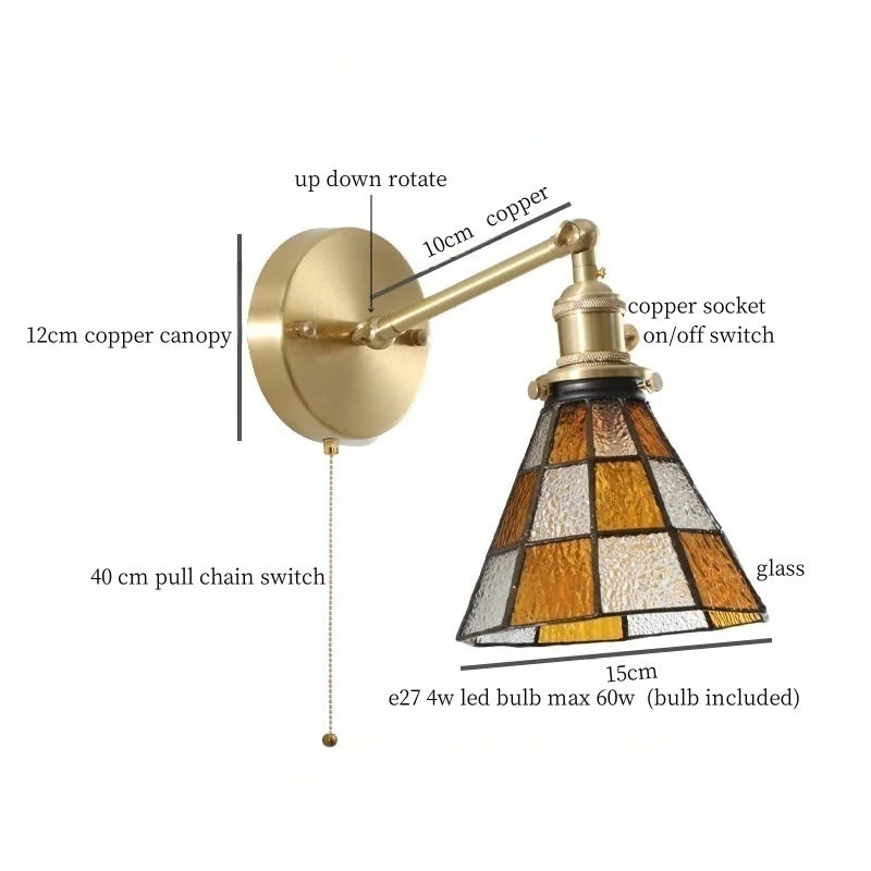 Afralia™ Tiffany Glass LED Wall Lamp Pull Chain Switch Vintage Copper Wall Lights