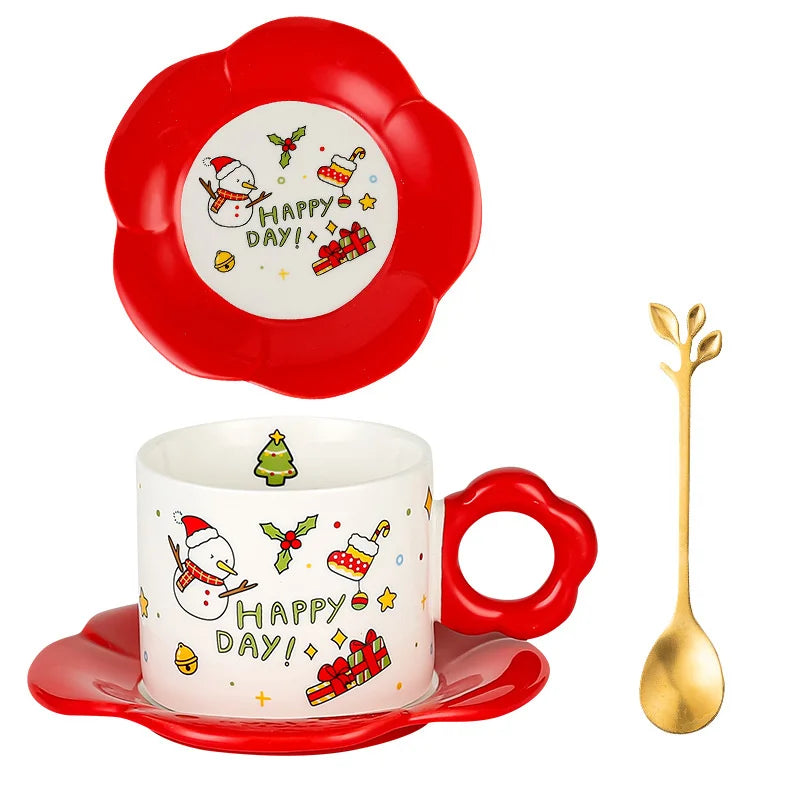 Afralia™ Christmas Ceramic Santa Tea Set with Spoon, Festive Coffee Cup & Saucer