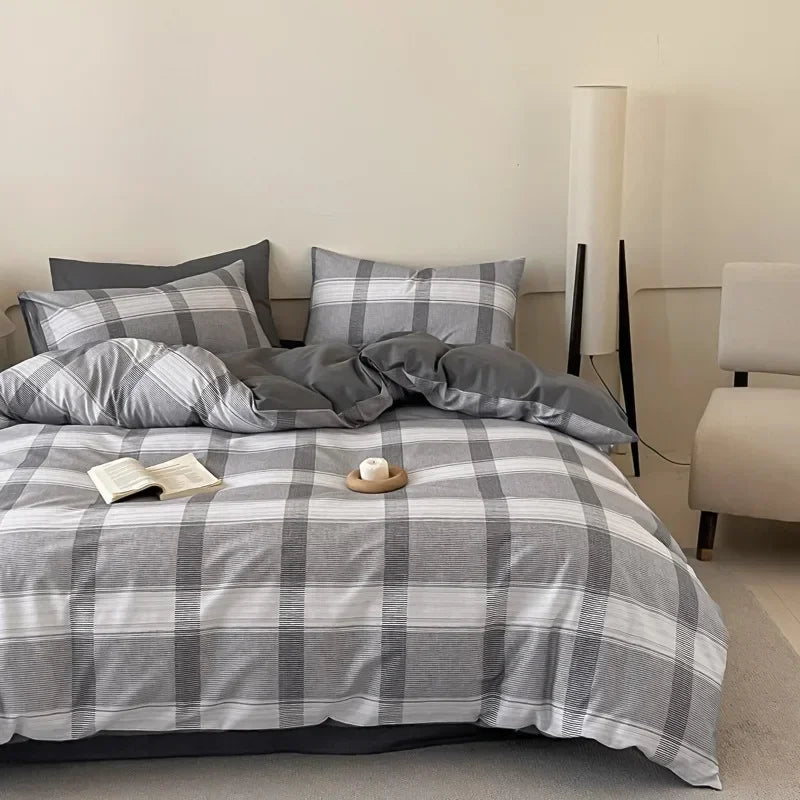 Afralia™ Soft Cotton Grid Printed Bedding Set for Single/Double Bed