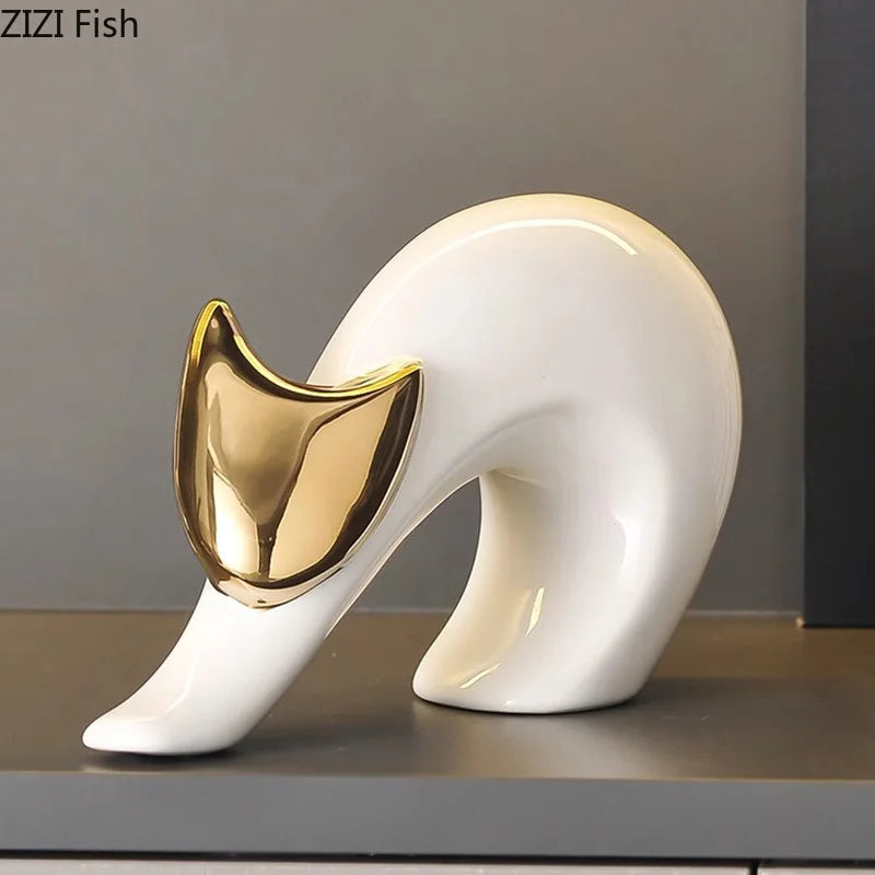 Afralia™ Ceramic Kitten Statue White Cat Sculpture Room Decor Aesthetics