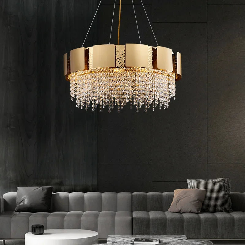 Afralia™ Modern Golden Stainless Steel Hanging Chandelier Ideal for Living Spaces