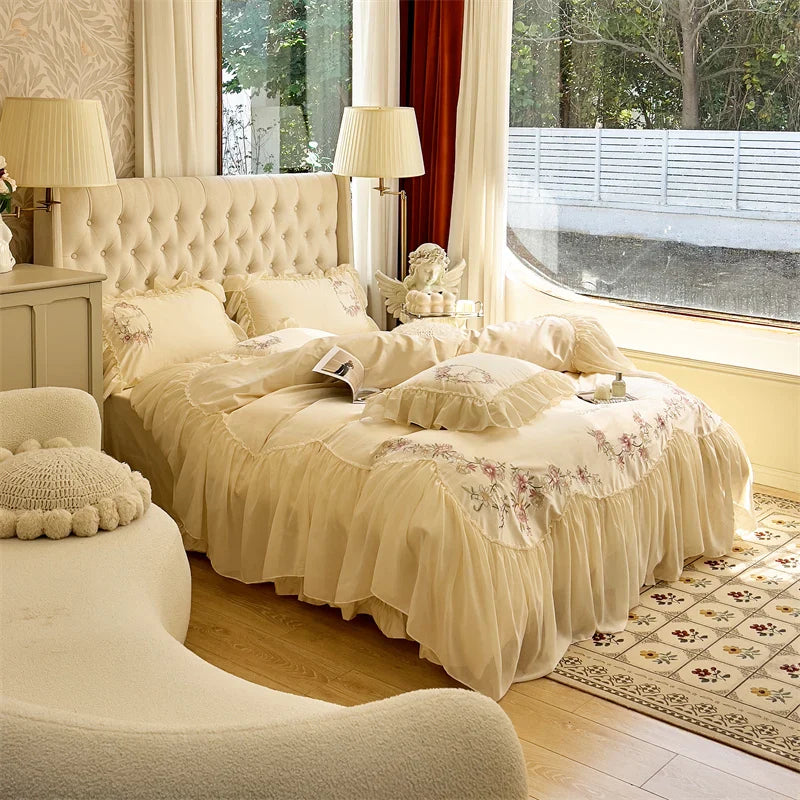Afralia™ Beige Pink Lace Embroidery Bedding Set Egyptian Cotton Quilt Duvet Cover Sheet