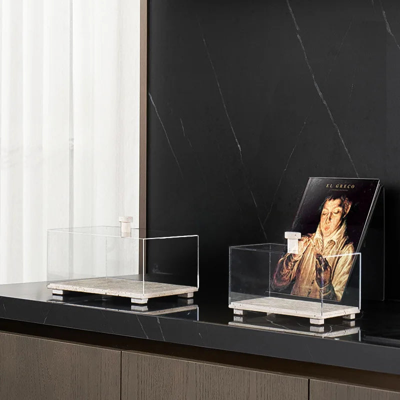Acrylic Display Case on Travertine Base by Afralia™ for Collectibles, Figurines, Desserts