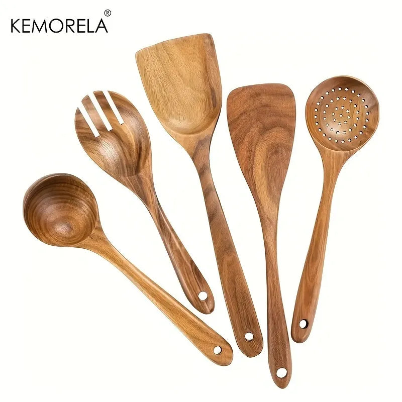 Afralia™ 5-Piece Natural Wooden Tableware Set | Kitchen Cookware Utensils