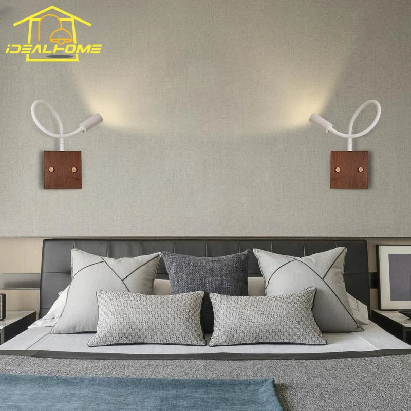 Afralia™ Walnut Wood LED Wall Lamp for Bedroom Study Cafe, Adjustable Universal Joint