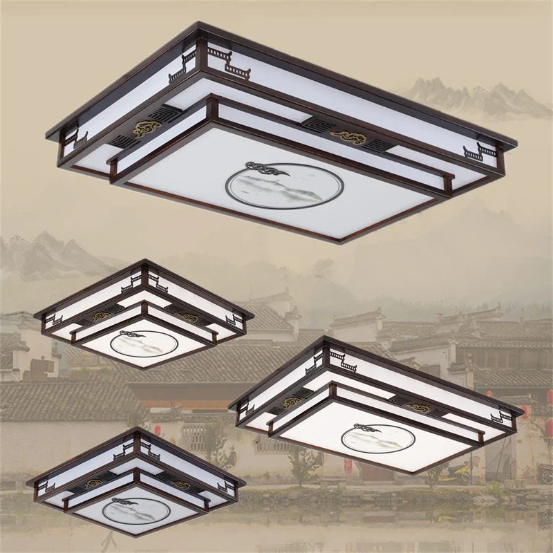 Afralia™ Antique Style Solid Wood Led Ceiling Light for Living Room Bedroom & Study