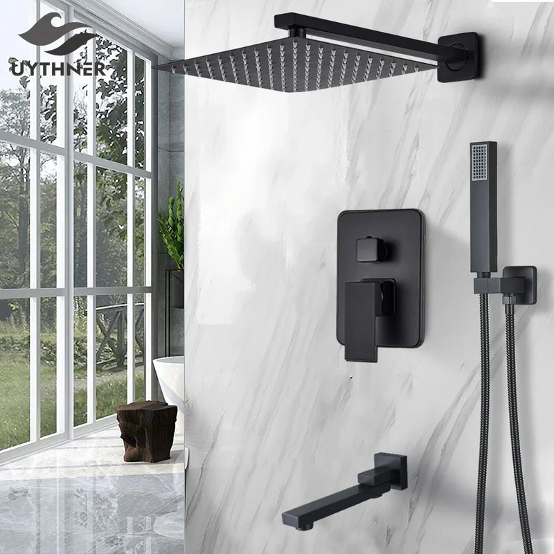 Afralia™ Black Shower Faucet Set with Rainfall Head and Hand Sprayer