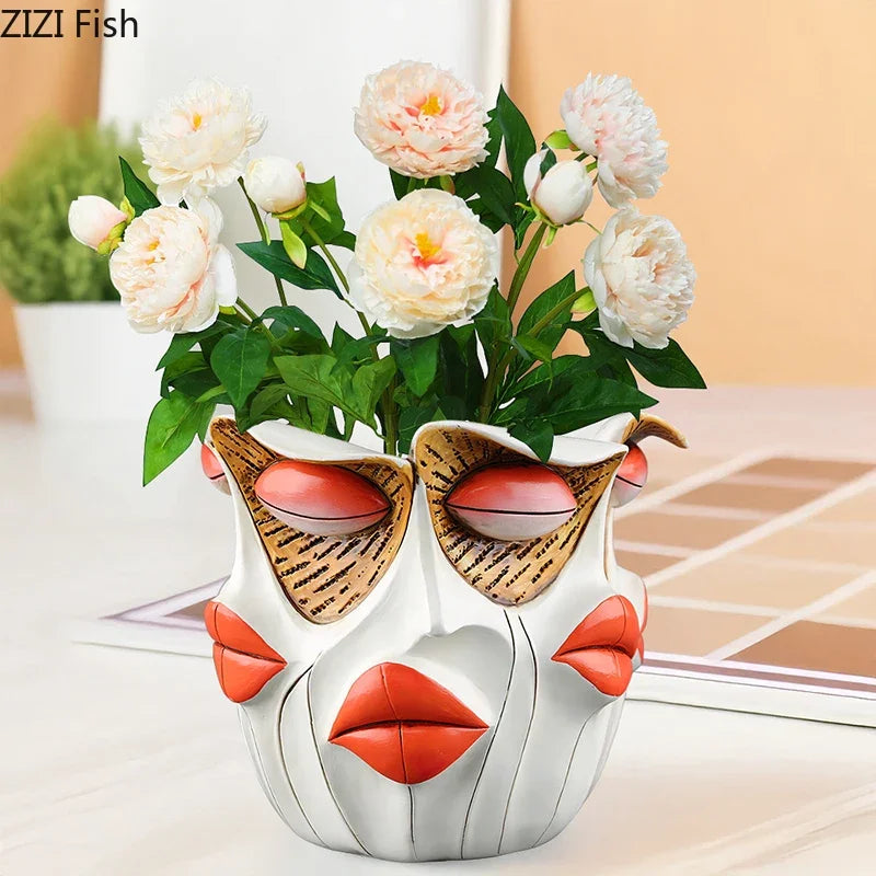 Afralia™ Red Lips Face Vase Artificial Flower Arrangement Desk Decoration