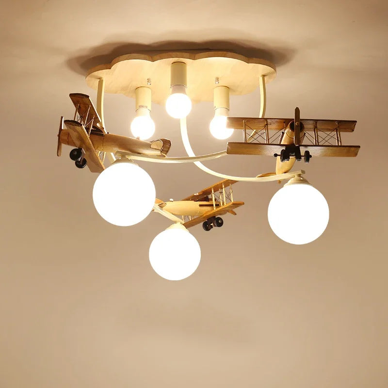 Afralia™ Airplane LED Wooden Plane Chandelier for Kids Room, Boys Bedroom, Creative Lighting