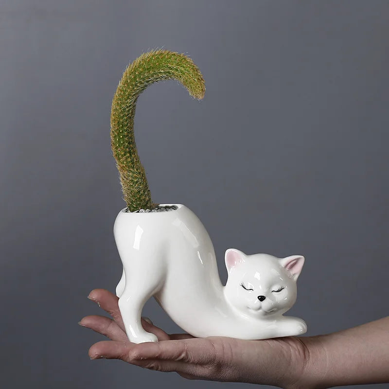 Afralia™ Cat Tail Succulent Planting Porcelain Vase - Cute Cartoon Cat Flowerpot