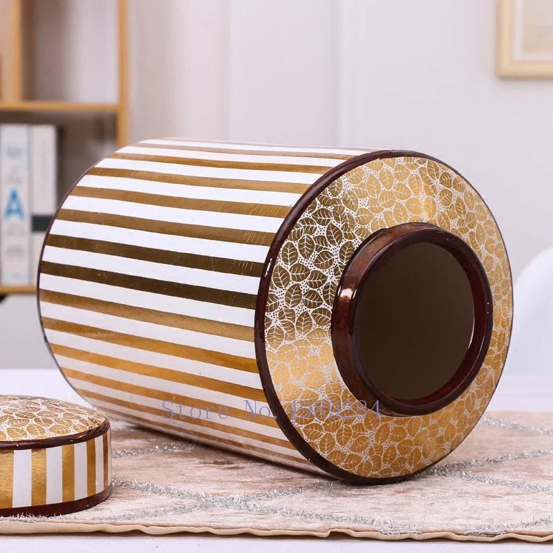 Afralia™ Golden Stripe Ceramics Vase with Cover, Modern Storage Jar for Home Decor
