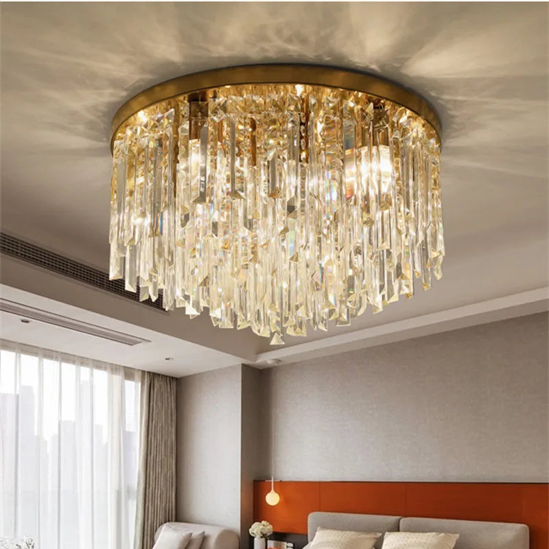 Afralia™ Luxury Crystal Ceiling Light Gold/Chrome Metal Round LED Lamp