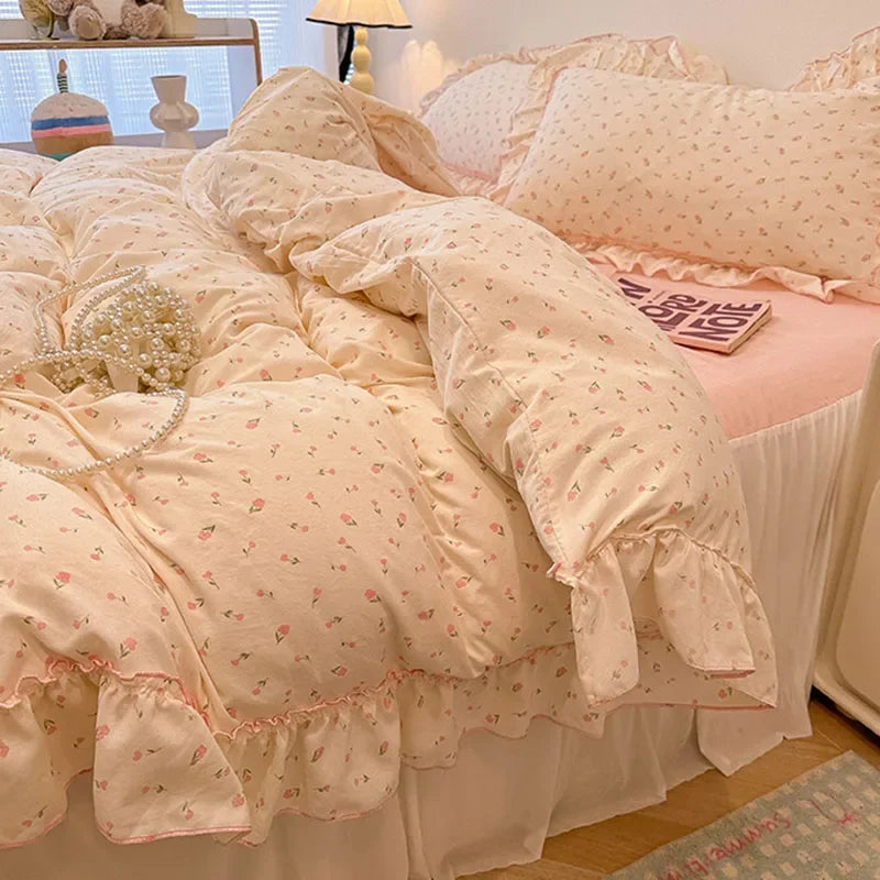 Afralia™ Lace Bedding Set: Printed Design, Single Queen Size, Cozy Quilt Cover, Fitted Sheet, 2 Pillowcases