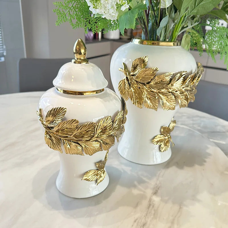 Afralia™ Golden Leaves Ceramic Flower Vase with Hand-embossed Flowers for Flower Arrangement