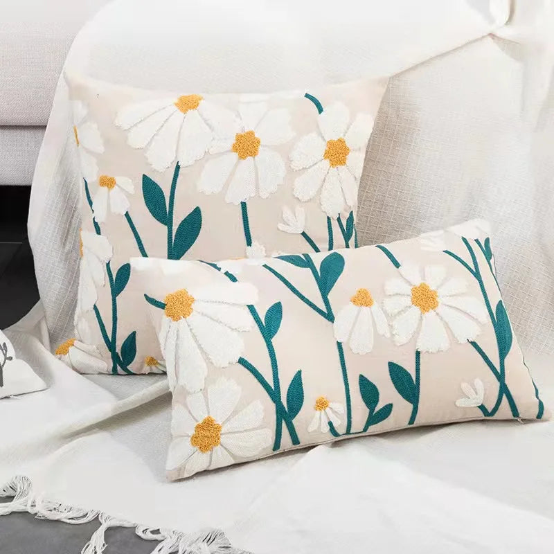 Afralia™ Daisy Floral Geometric Embroidery Pillow Cover Yellow Blue 45x45cm Soft Cozy