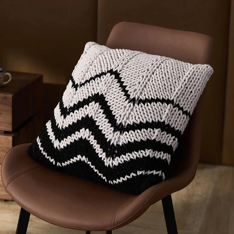 Afralia™ Geo Knit Stripe Woven Square Pillow 45x45cm Black Ivory Insets