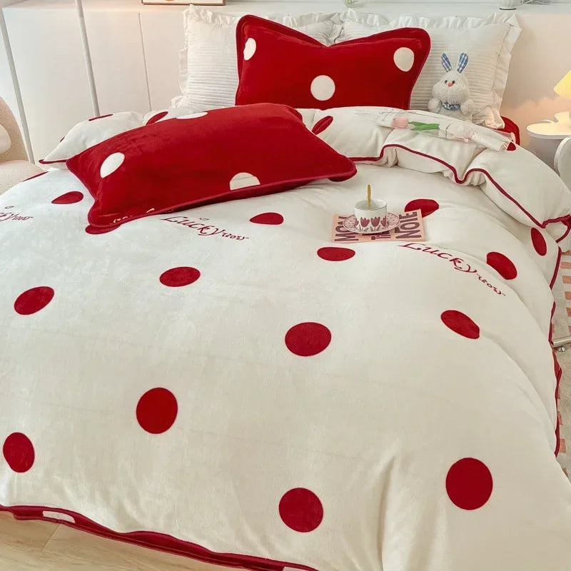 Afralia™ Polka Dot Milk Velvet Queen Bedding Set with Sheets & Pillowcases