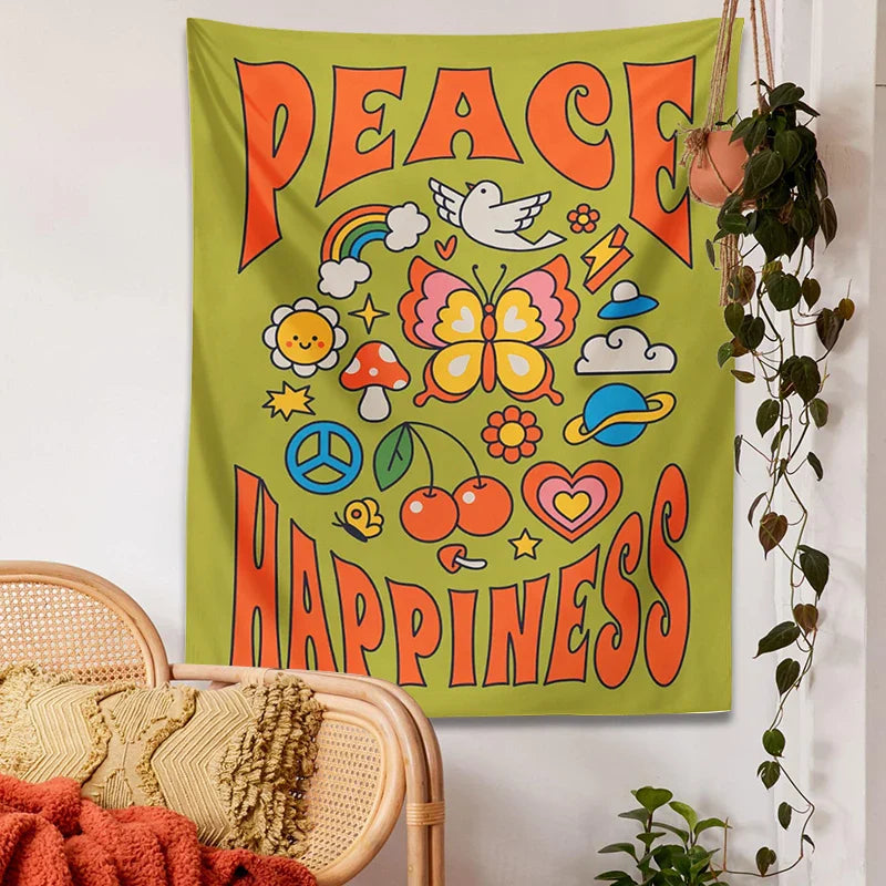 Afralia™ Hippie Trippy Tapestry: Flower Peace Happiness Butterfly Rainbow Sun Wall Decor