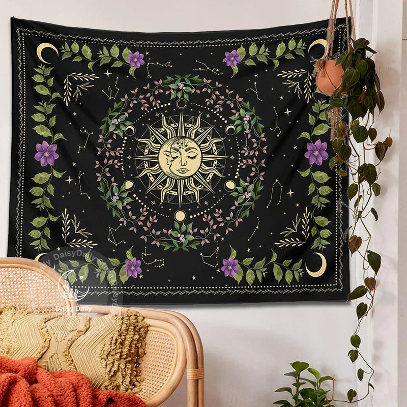 Afralia™ Botanical Moon Phase Floral Tapestry Wall Hanging for Cottagecore Dorm Decor